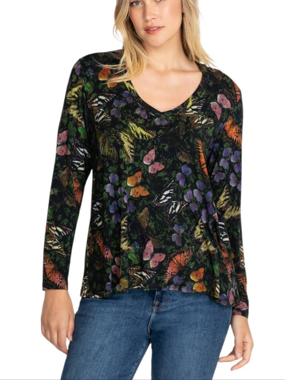 Johnny Was Midnight Mariposa Favorite Swing Butterfly V-Neck Top Size L